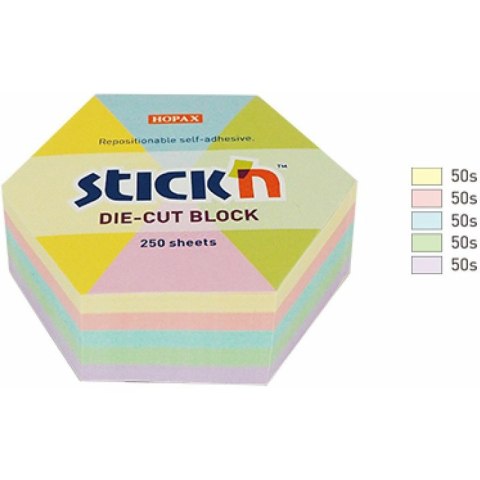 Karteczki Stick&#039;n 61x70mm sześciokąt 5 kolorów (250) STICK'N